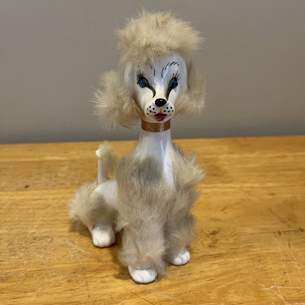 Vintage White Porcelain Poodle Dog Figurine with‎ Fur rhinestone eyes 7.5"